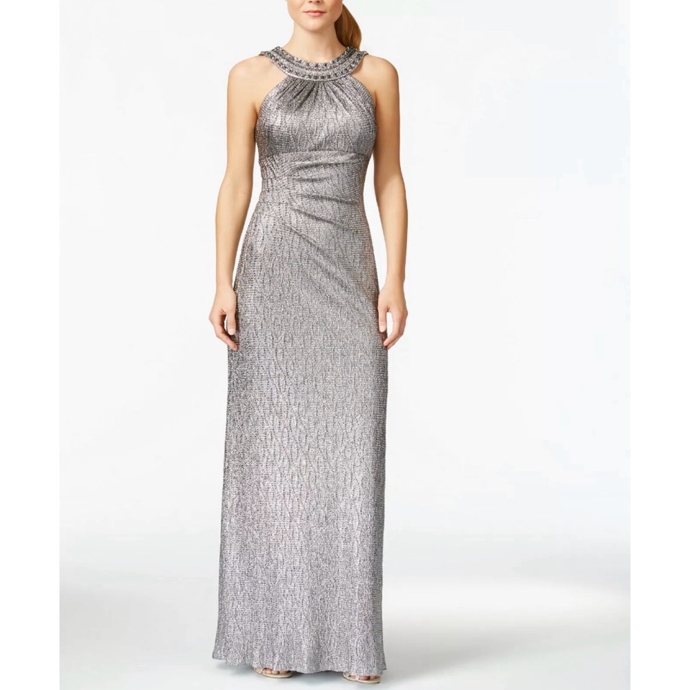 XSCAPE Embellished Metallic Silver Halter Gown